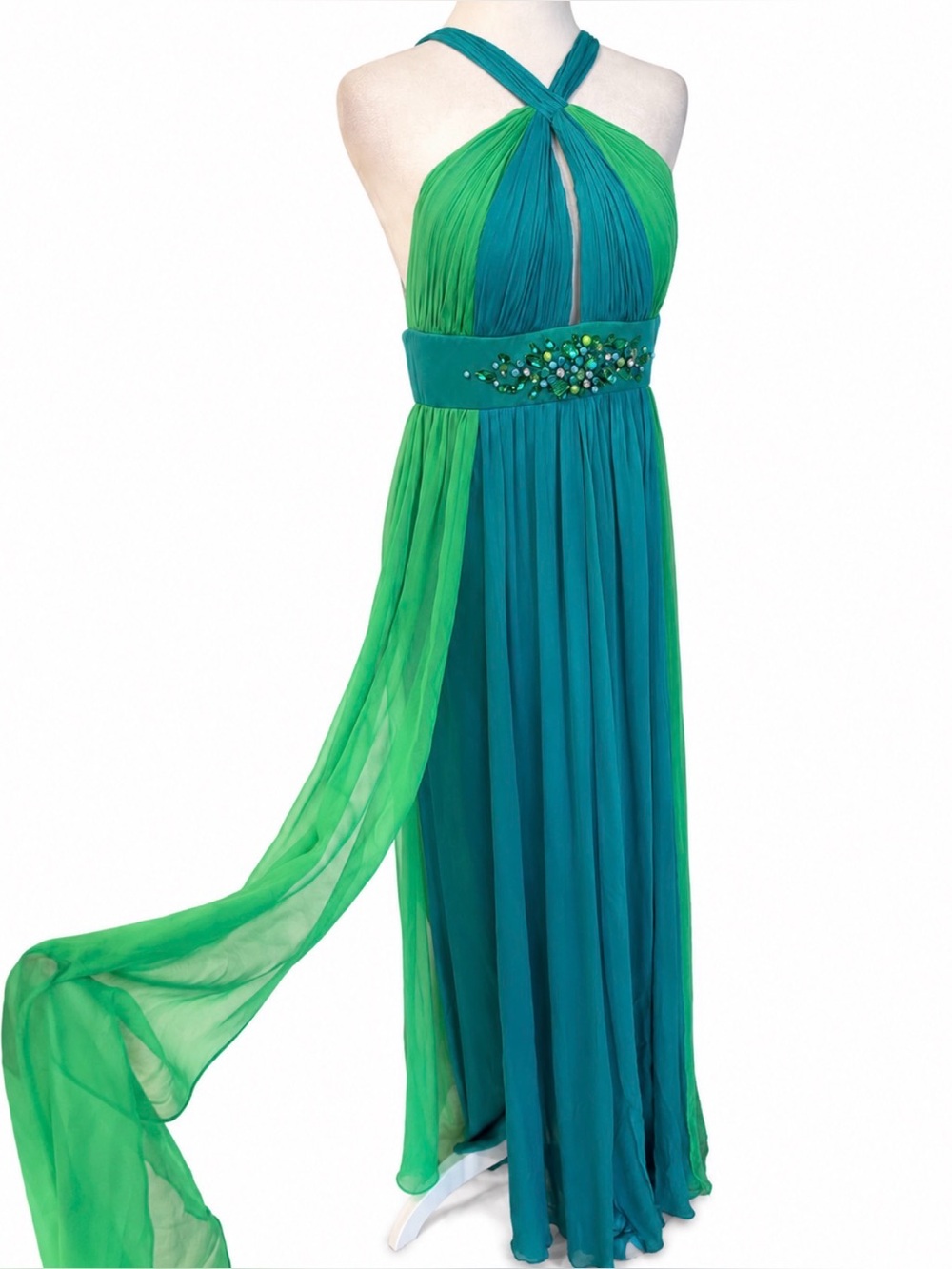 Marc Bouwer Glamit halter green blue silk goddess gown beaded waist